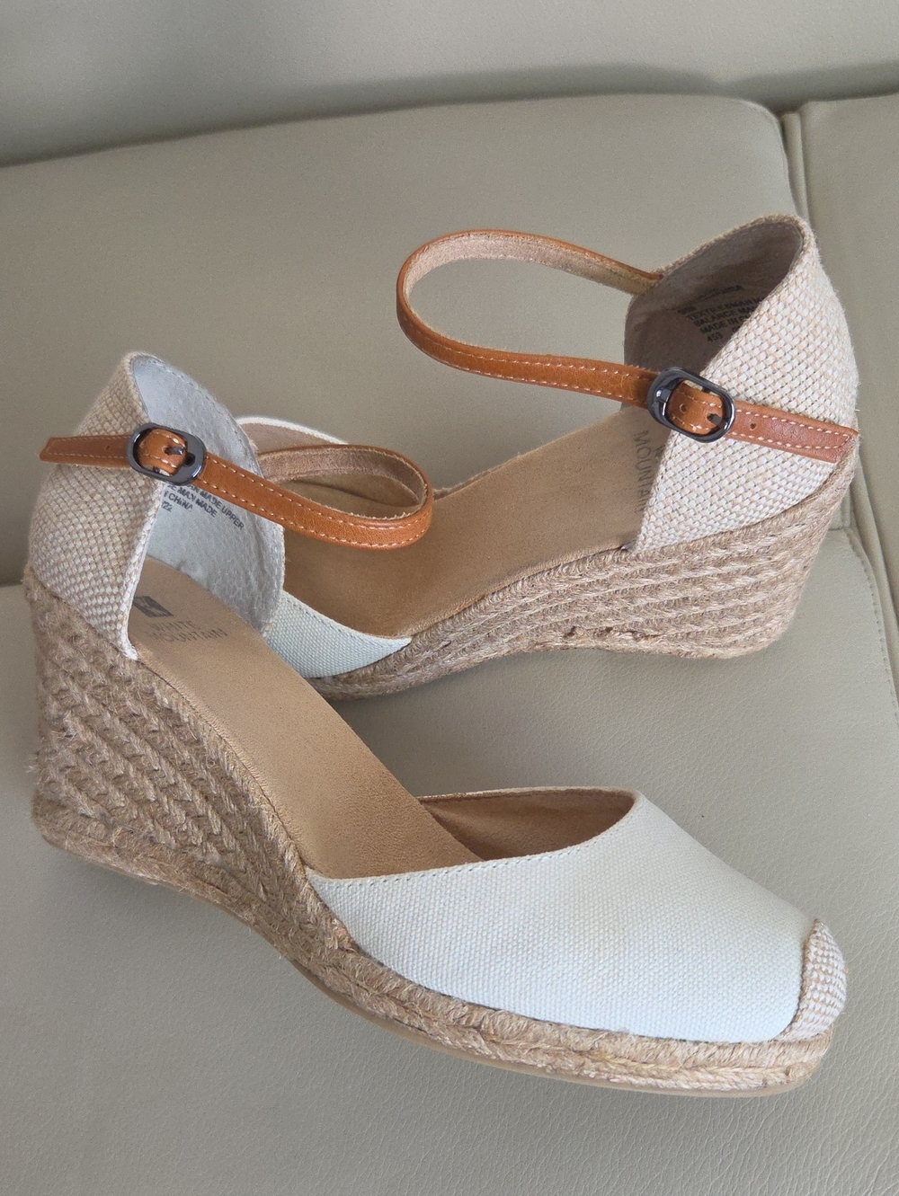 White Mountain Creme Canvas Espadrille Wedge with Tan Ankle Strap Size 9M